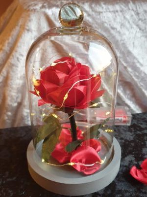 Rose en satin sous cloche en verre
