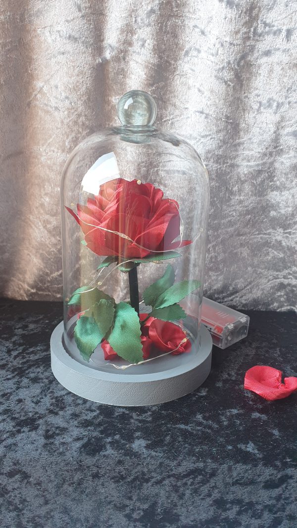 Rose en satin sous cloche en verre