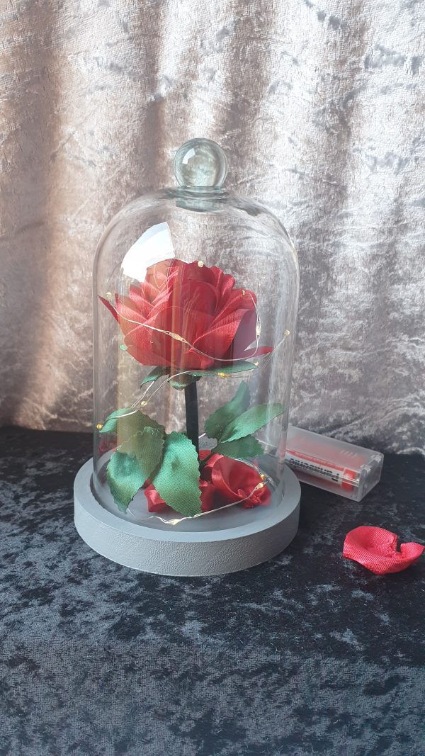 Rose en satin sous cloche en verre