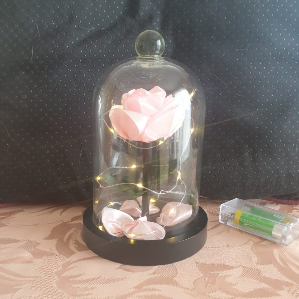 Rose en satin sous cloche en verre
