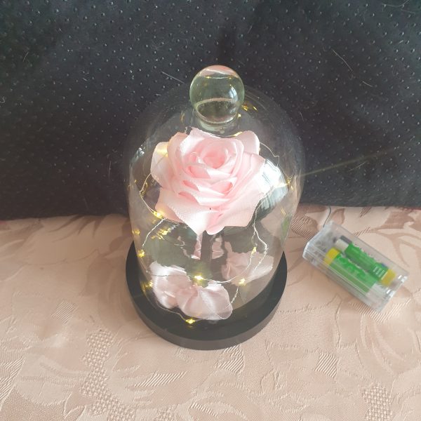 Rose en satin sous cloche en verre