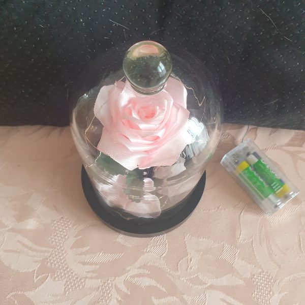 Rose en satin sous cloche en verre