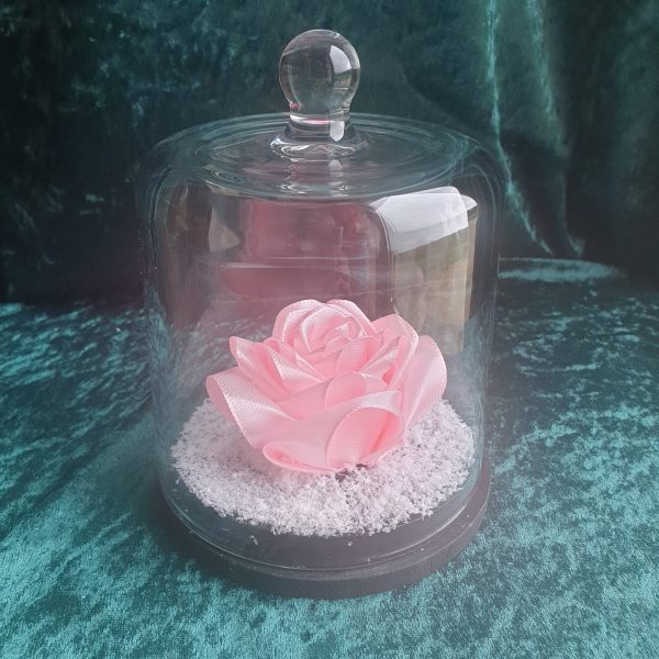 Rose en satin sous cloche en verre