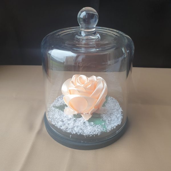 Rose en satin sous cloche en verre